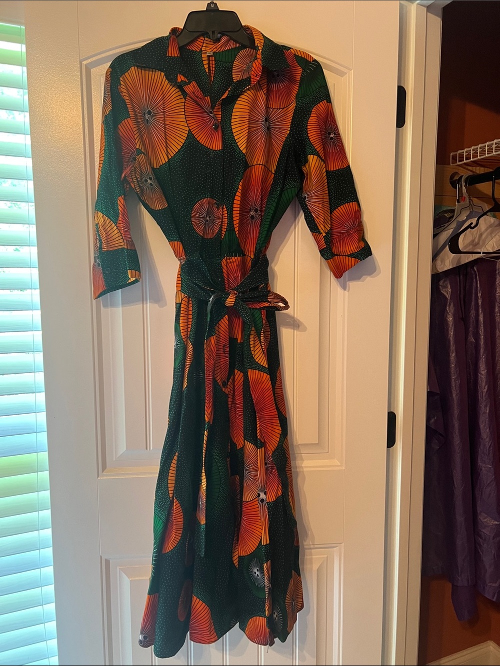 Green & Orange Midi Shirt Dress with Tie Waist - Picture 2 of 4